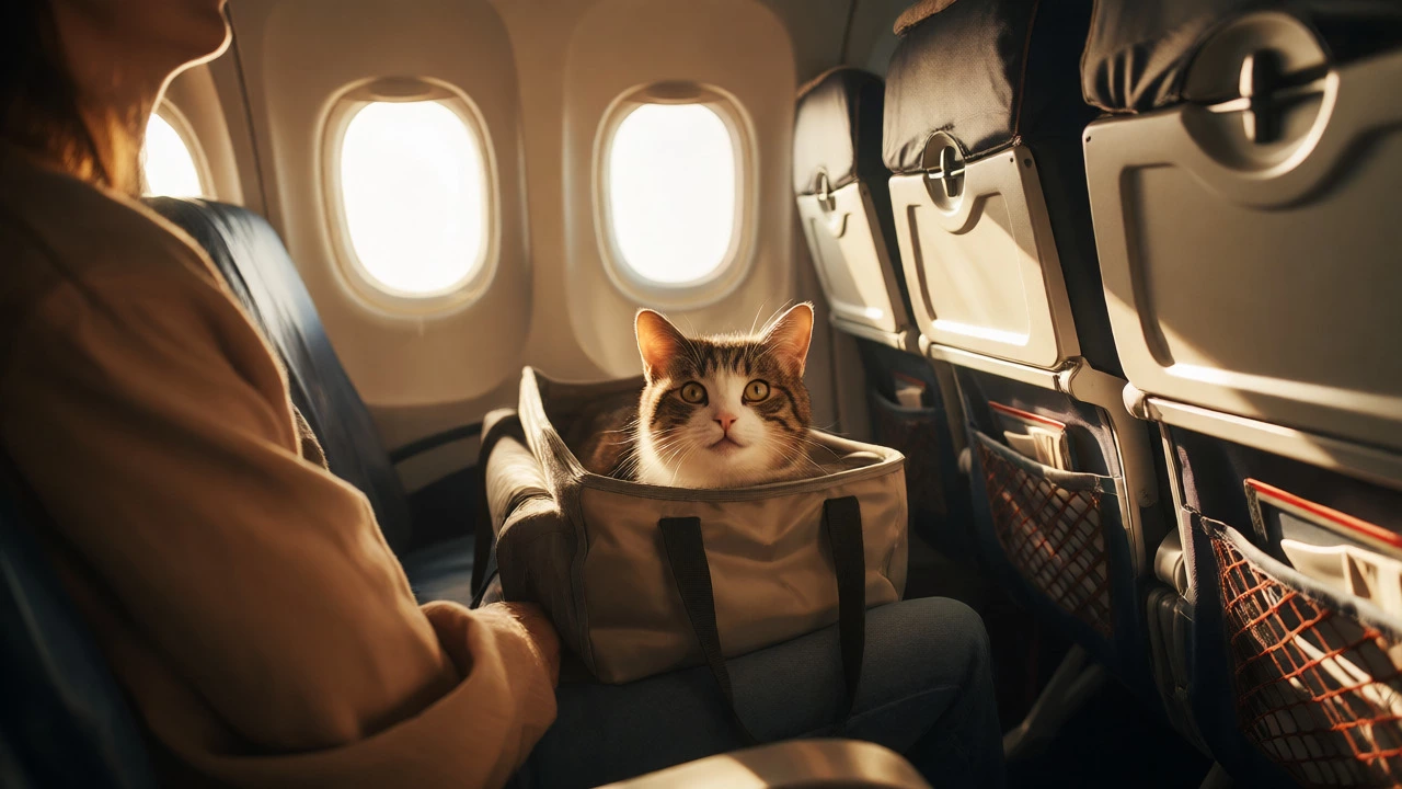 Contented cat looking out from a compliant soft-sided carrier under an airplane seat.