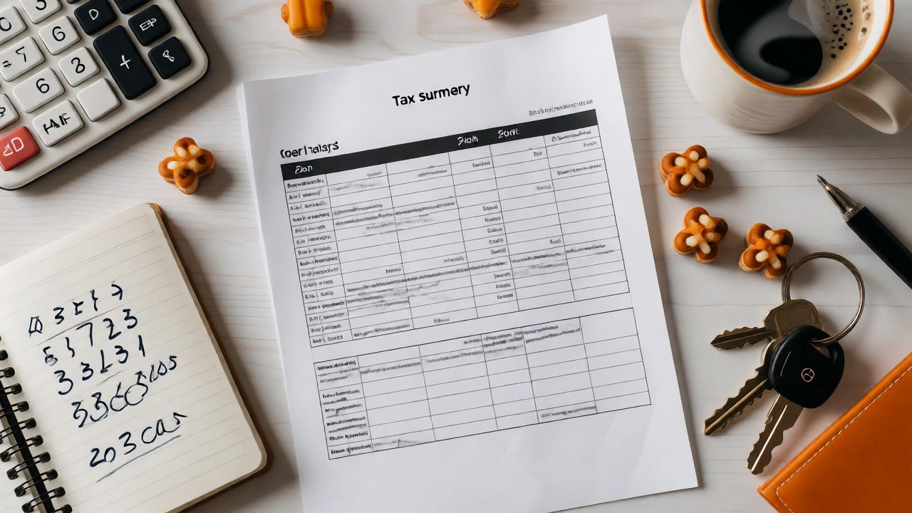 Desk with tax documents, calculator, and dog treats for pet sitters