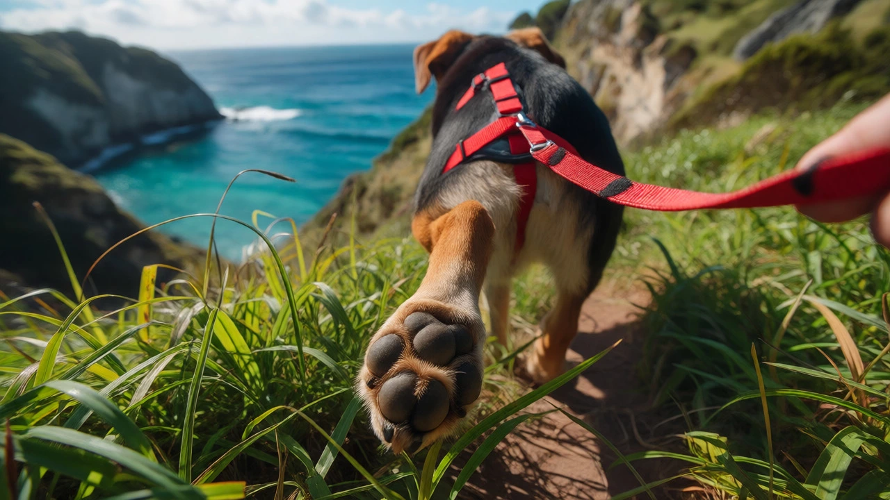 Dog wearing a red harness walking on a grassy coastal trail overlooking a bay.