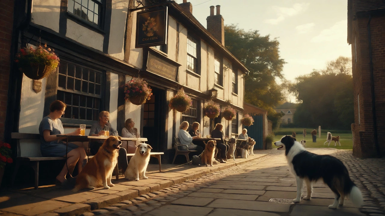 Dogs resting on leashes outside a traditional British pub during golden hour.