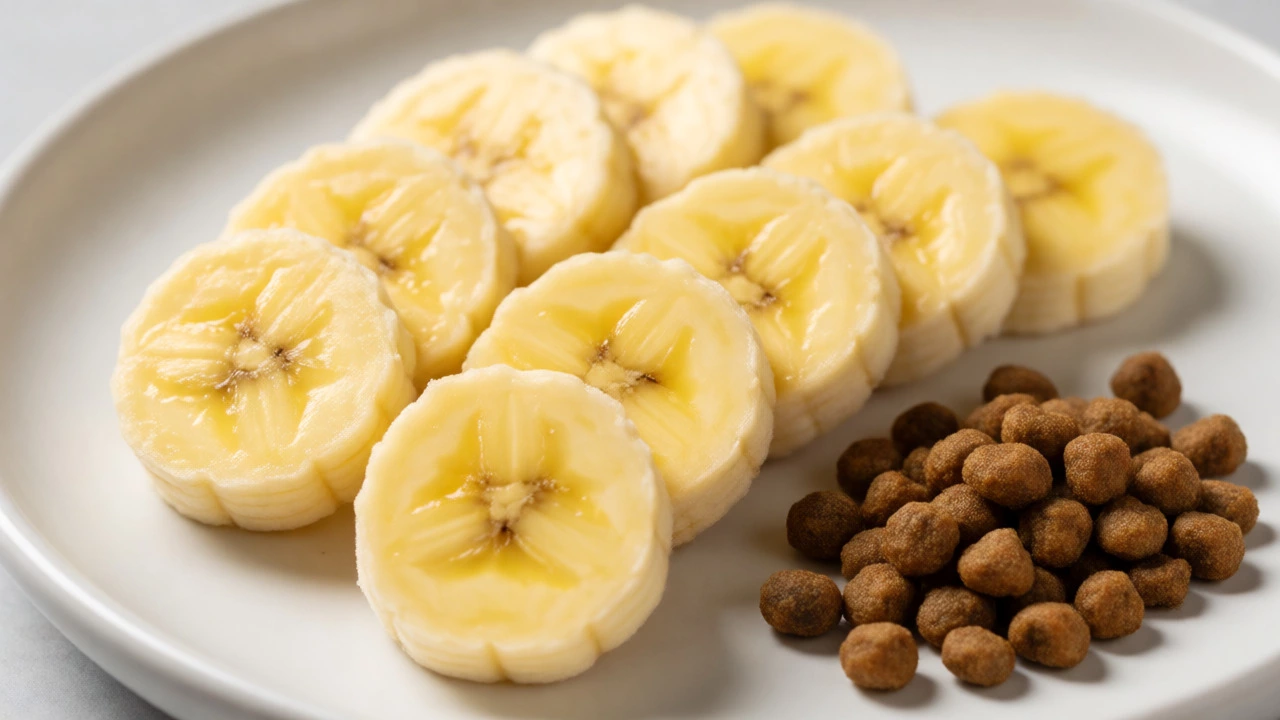 Fresh banana slices served alongside dry dog kibble on a white plate.