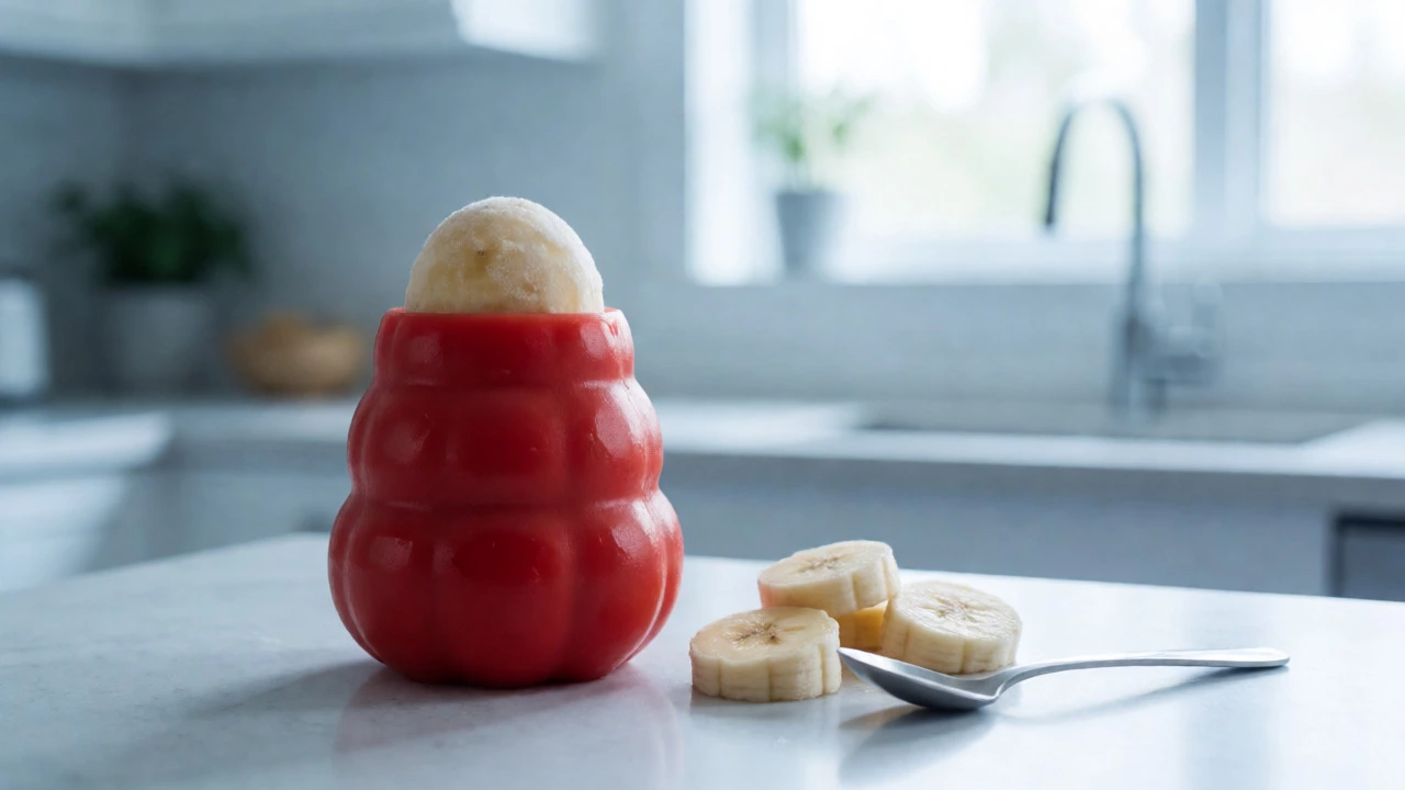 Frozen banana mash stuffed into a red rubber Kong toy on a counter.