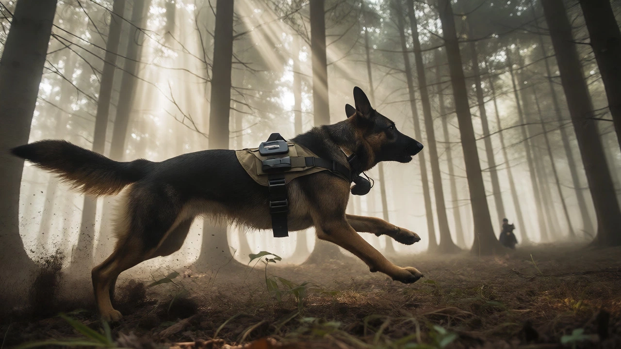 German Shepherd running in forest responding to remote e-collar command