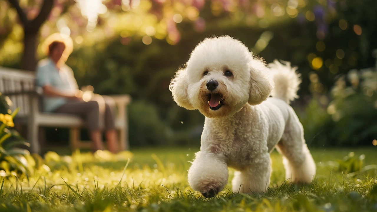 Happy, well-groomed fluffy dog playing in a sunny garden.