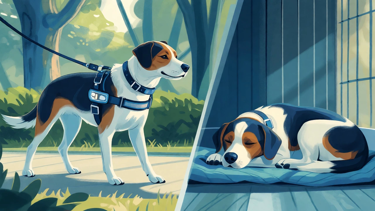 Illustration contrasting a leashed dog outdoors with a collar-free dog resting indoors.