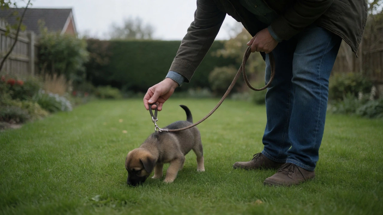 Owner guiding puppy on potty break