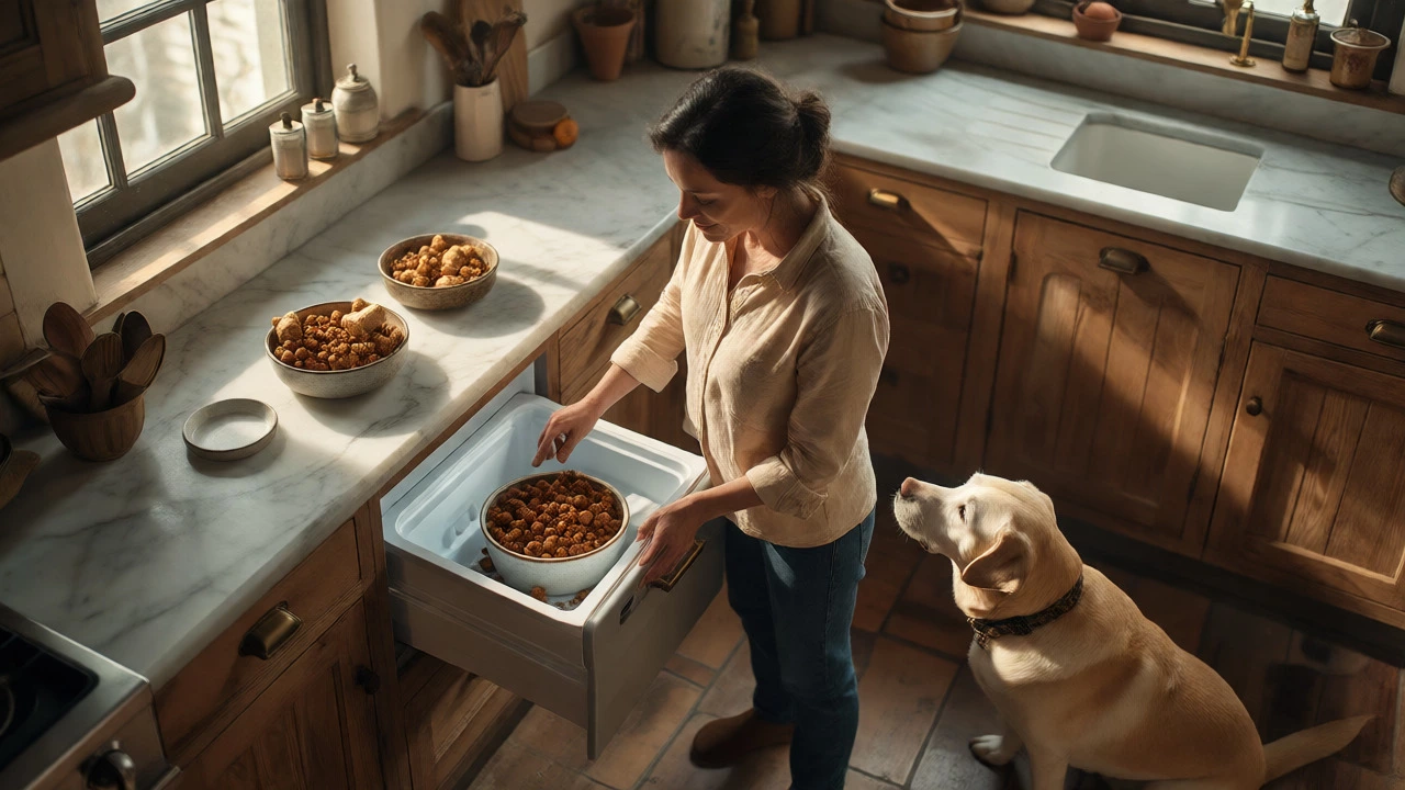 Owner preparing fresh dog food in a sunlit kitchen for a senior labrador.