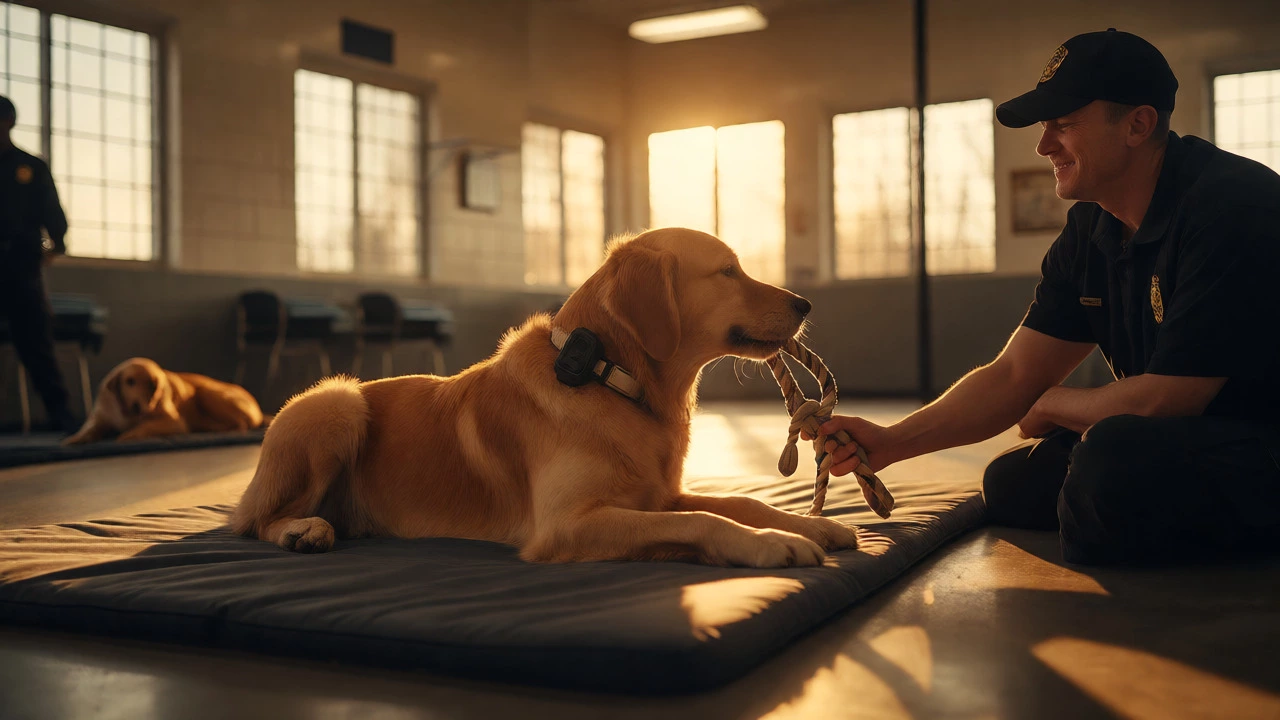 Police dog playing tug-of-war with handler in warm kennel