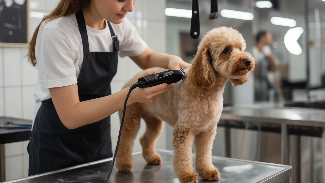 Professional groomer precisely trimming a poodle mix at a salon.
