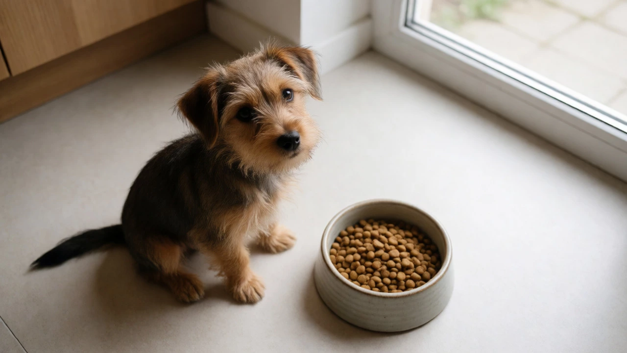 Puppy waiting for breakfast in kitchen