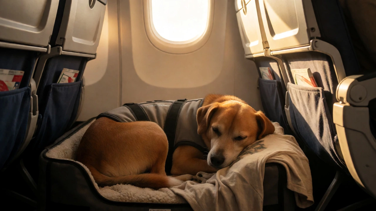 Relaxed dog in a carrier bathed in golden sunlight