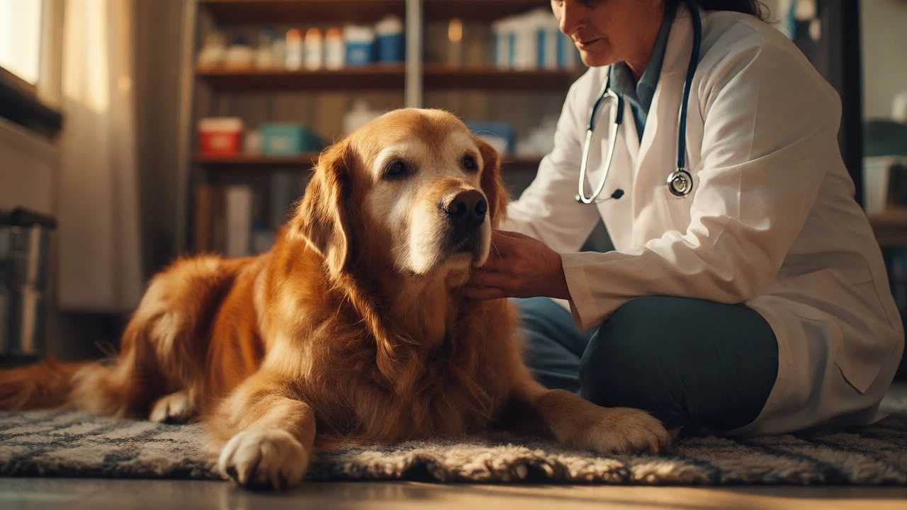 Senior dog being examined by vet in a warm clinic setting