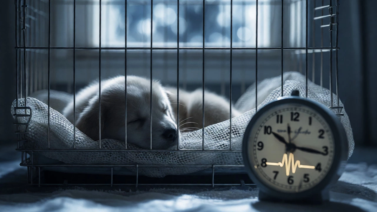 A puppy resting in a crate near a ticking clock, illuminated by soft moonlight for calm sleep.