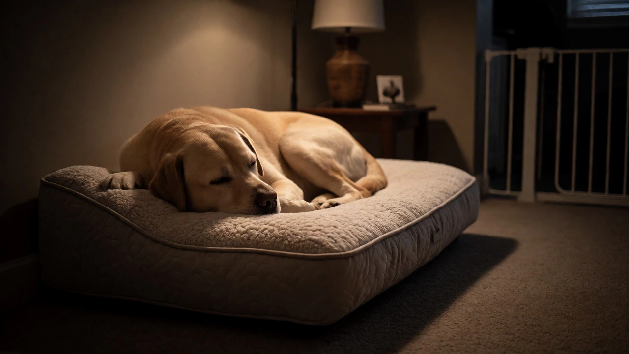 Adult dog sleeping peacefully on orthopedic bed in quiet living room