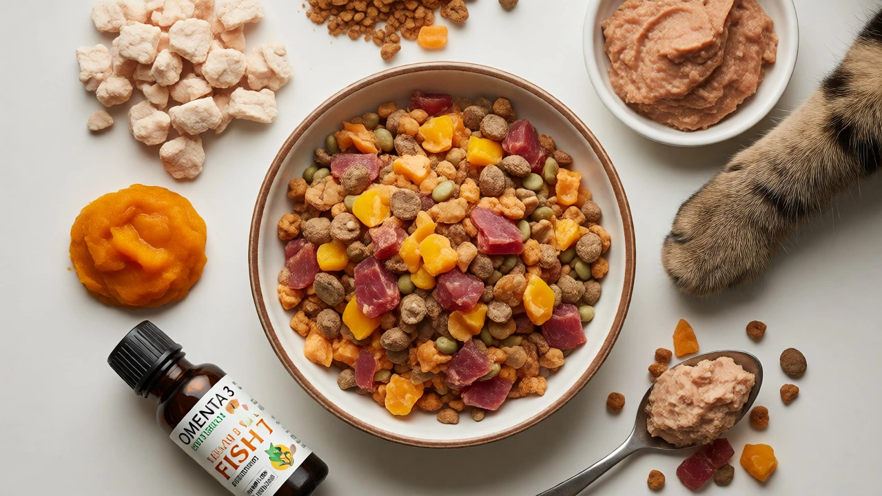 Assorted healthy toppers like freeze-dried meat and pumpkin arranged near a cat food bowl.