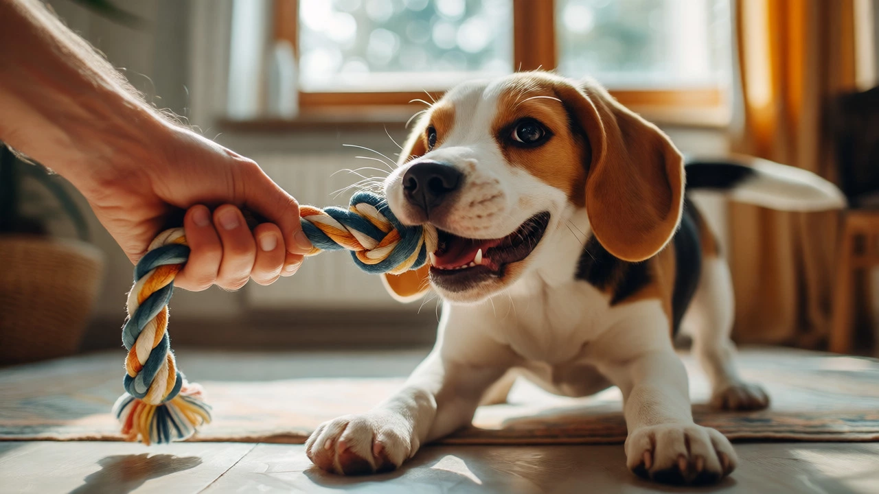 Beagle puppy playing tug-of-war with a rope toy