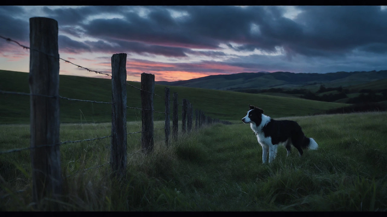 Border Collie standing near a wooden fence in a rural NZ landscape at dusk.
