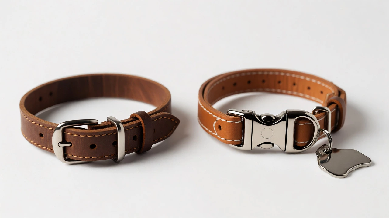 Comparison of a leather collar and a breakaway safety collar with an ID tag.