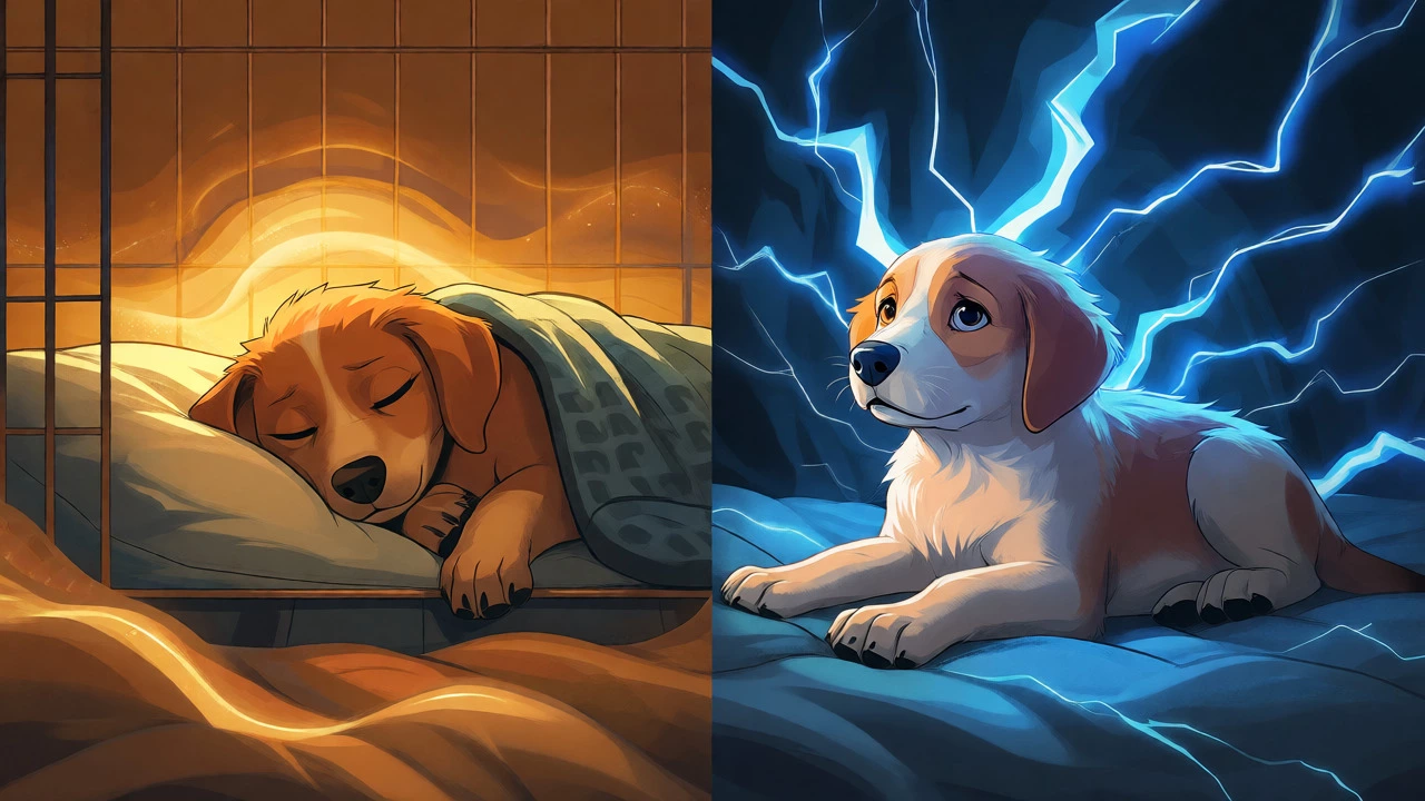 Conceptual art contrasting a puppy in deep sleep versus one disturbed by blue light and noise.
