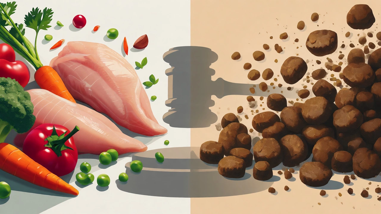 Conceptual art showing fresh ingredients transforming into processed kibble under a legal shadow.