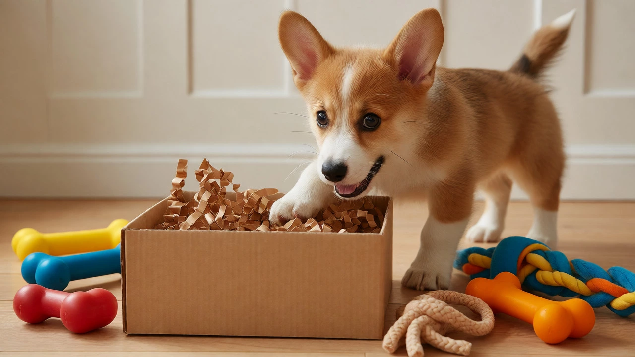 Corgi puppy exploring a cardboard box with toys