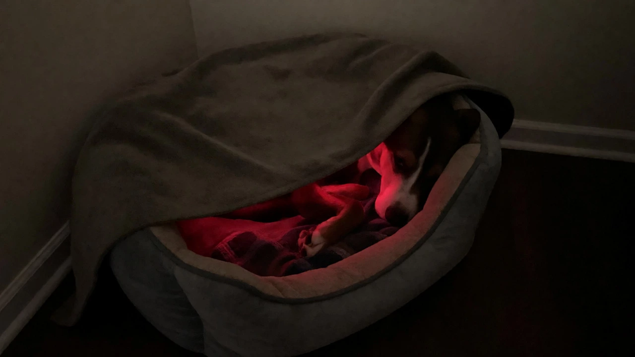 Dog sleeping peacefully inside a covered cave-style bed
