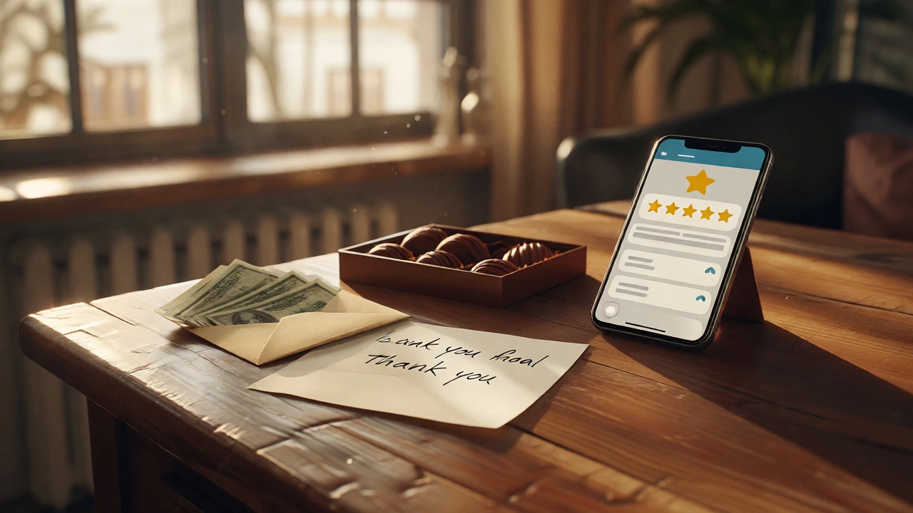 Envelope of cash, chocolates, and phone on salon desk representing gratitude.