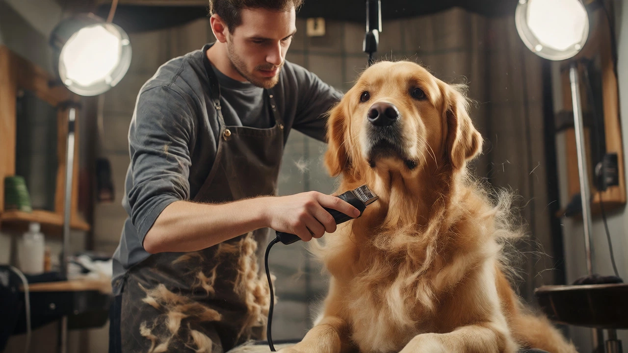 Groomer carefully clipping an anxious golden retriever amidst flying fur.