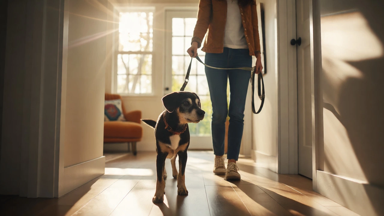 Owner walking a calm puppy through a sunlit hallway, representing a consistent morning routine and successful training.