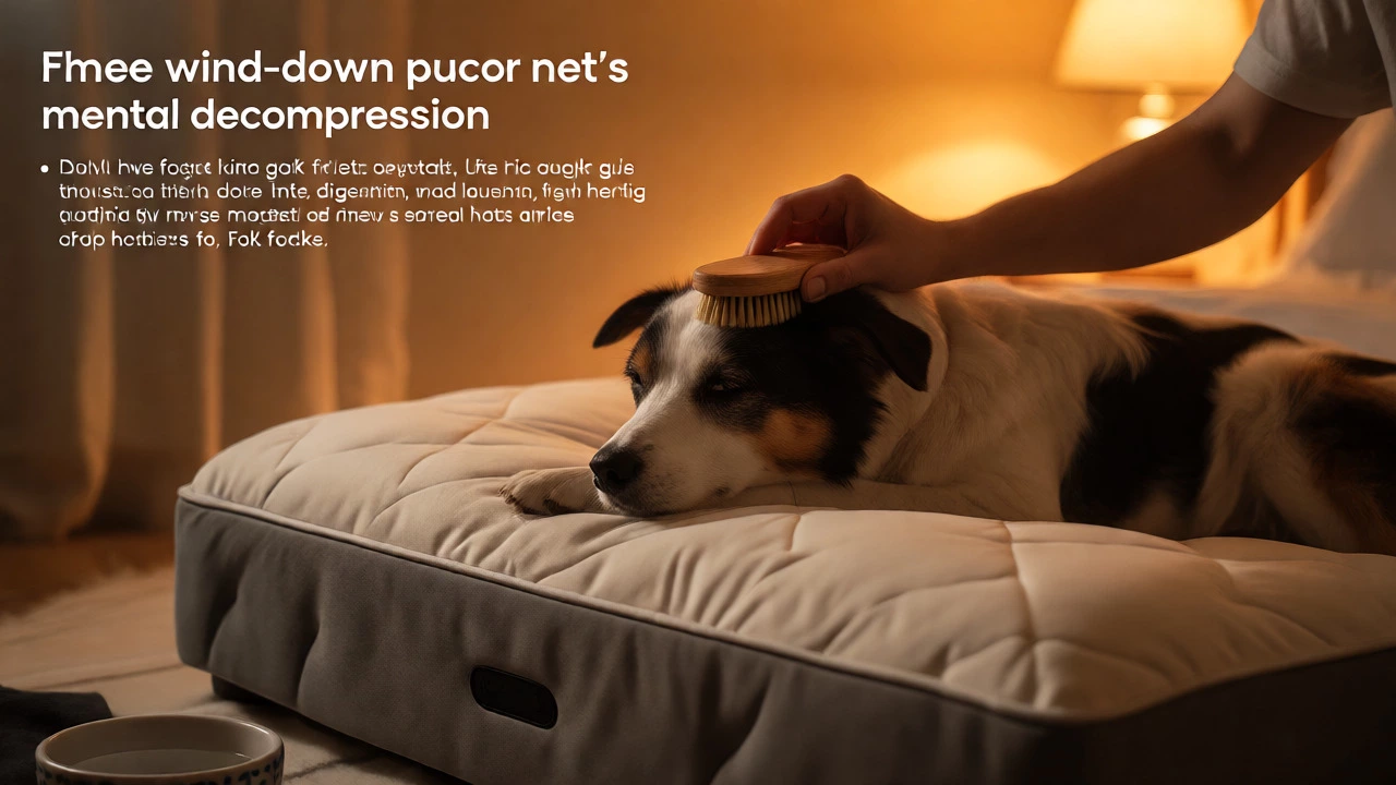 Person gently brushing a calm dog on a bed during a quiet evening routine
