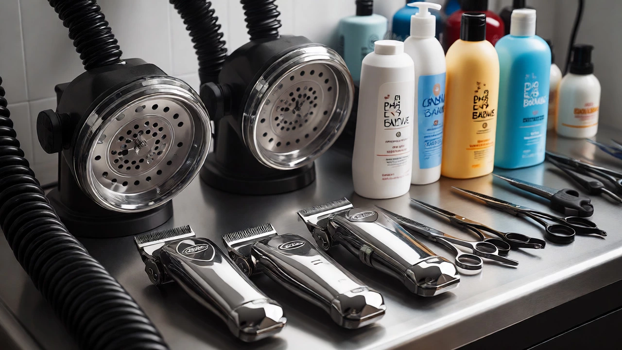 Professional grooming tools including clippers and shampoos