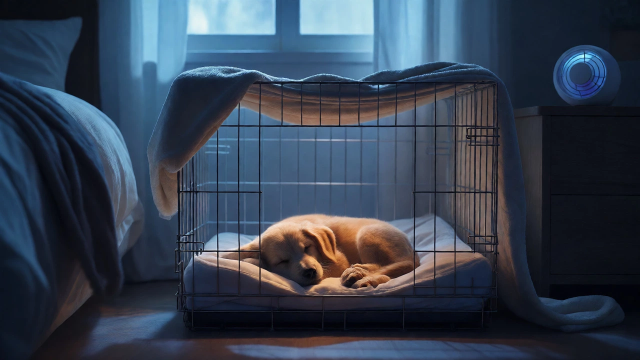 Puppy sleeping peacefully in a cozy crate in a dimly lit bedroom at night, illustrating a secure sleep environment.