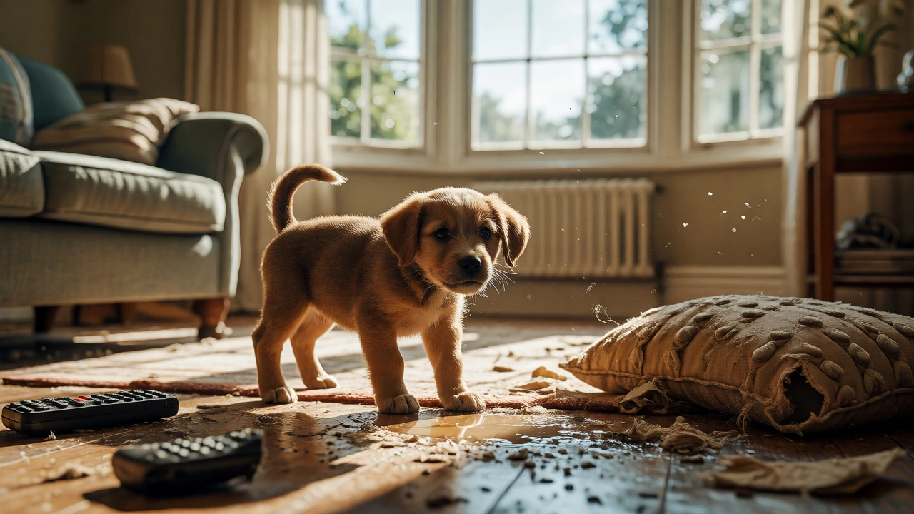Puppy standing near chewed remote and mess after roaming house at night