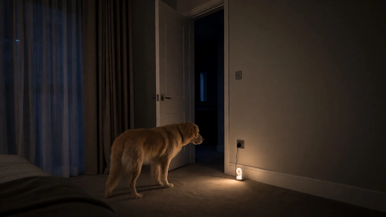 Senior dog hesitating near a dark hallway with a nightlight on