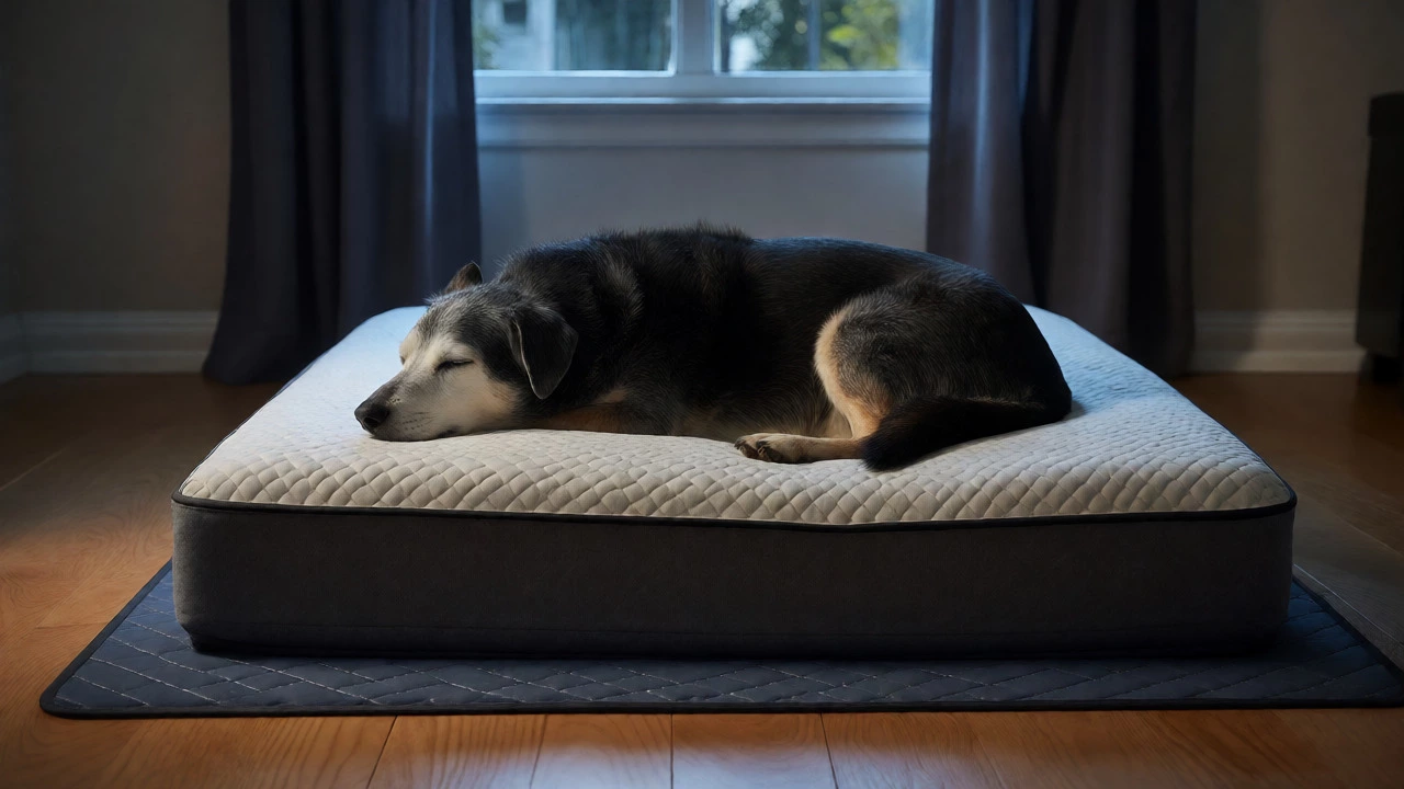 Senior dog sleeping peacefully on an orthopedic bed in a dark, cool room