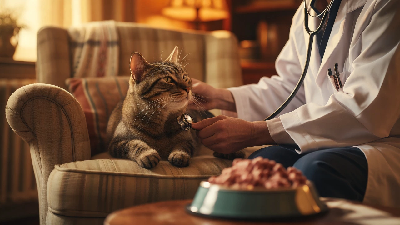 Veterinarian examining a senior cat near a bowl of wet food
