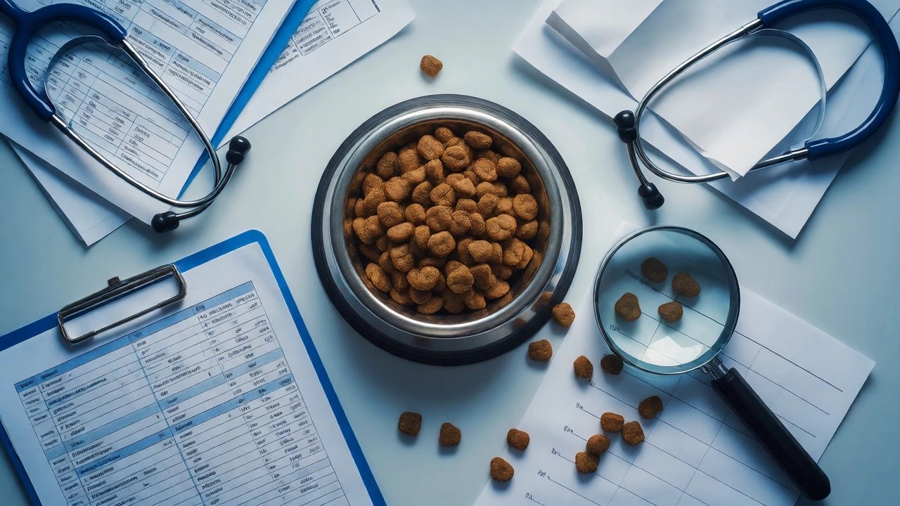 Veterinary table with kibble, medical charts, and a magnifying glass for inspection.