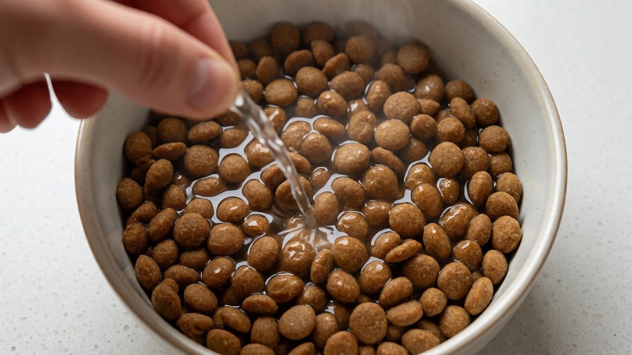 Warm water being poured onto dry cat food to create moisture.